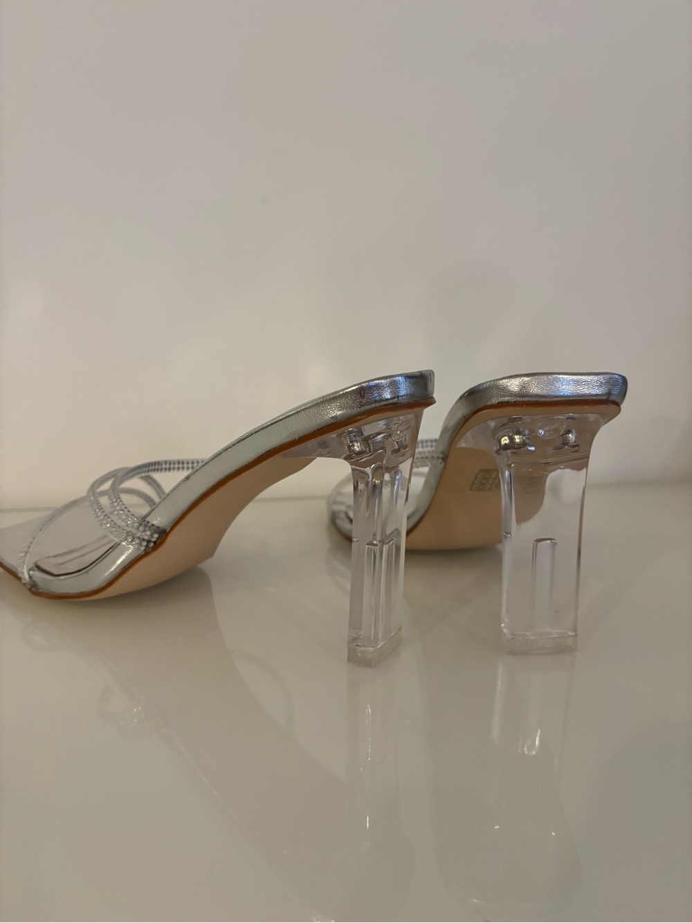 Lulamax Silver Rhinestone Clear Strappy Stiletto Mules - Picture 2 of 12